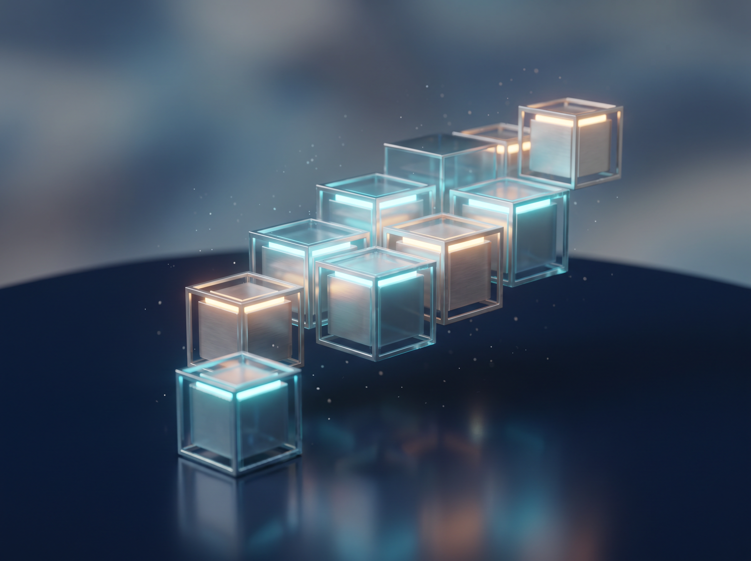 Abstract 3D render of glass cubes arranged in an ascending staircase, symbolizing structured business growth