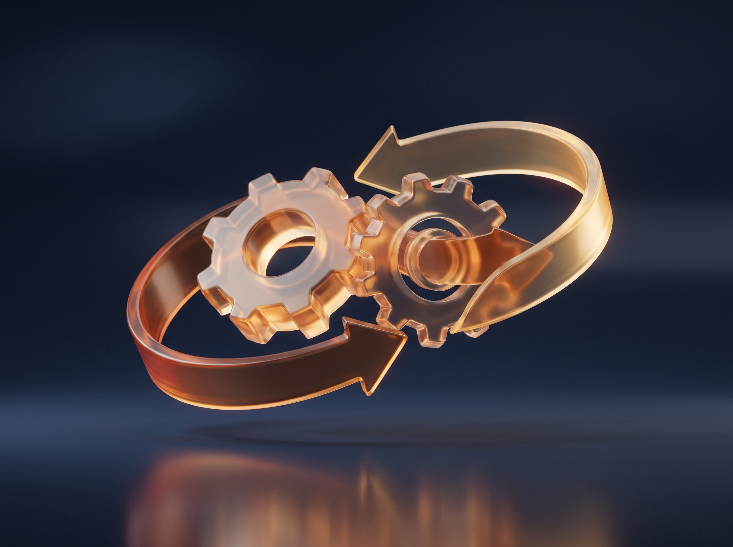 Abstract 3D render of interlocking glass gears and arrows representing business process improvement
