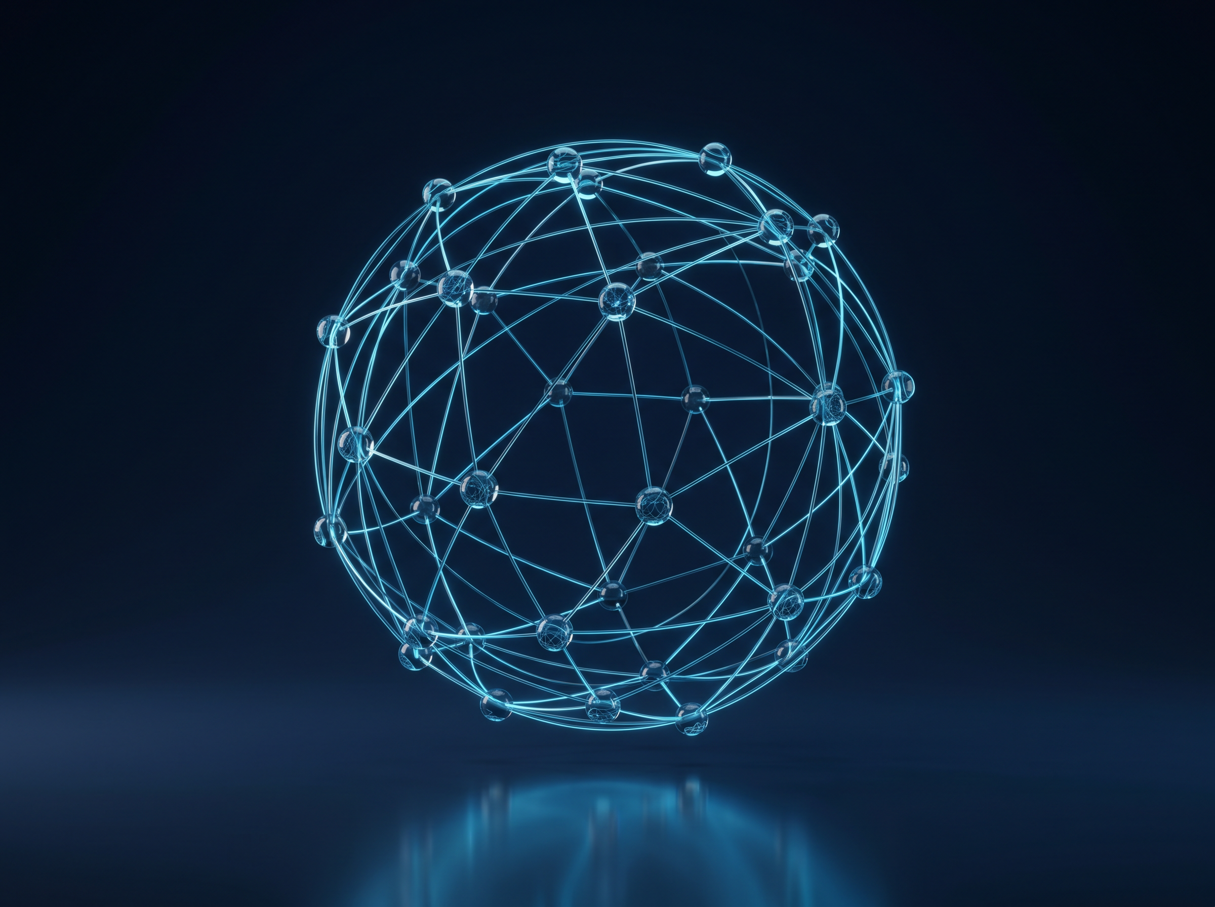 Abstract 3D render of a glowing interconnected network sphere representing technology consulting